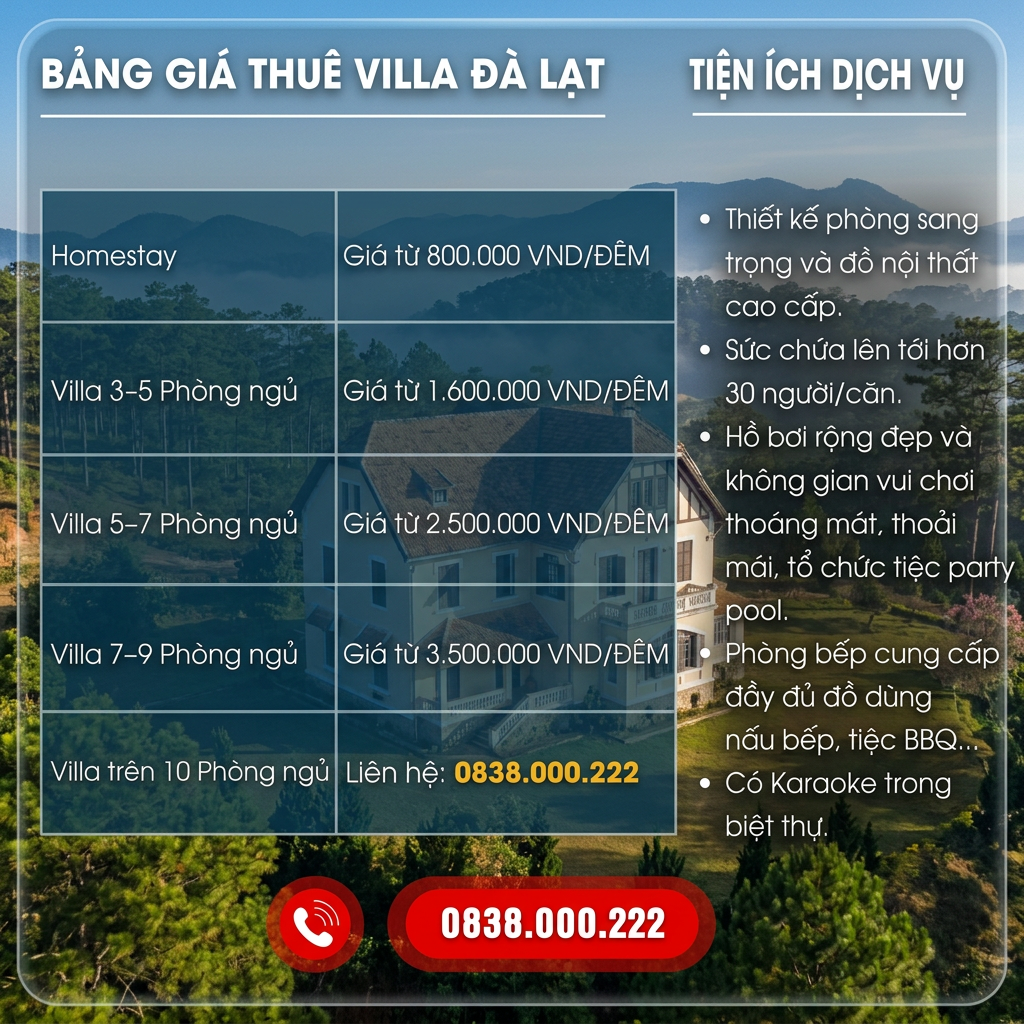 Bảng Giá Thuê Viila Đà Lạt