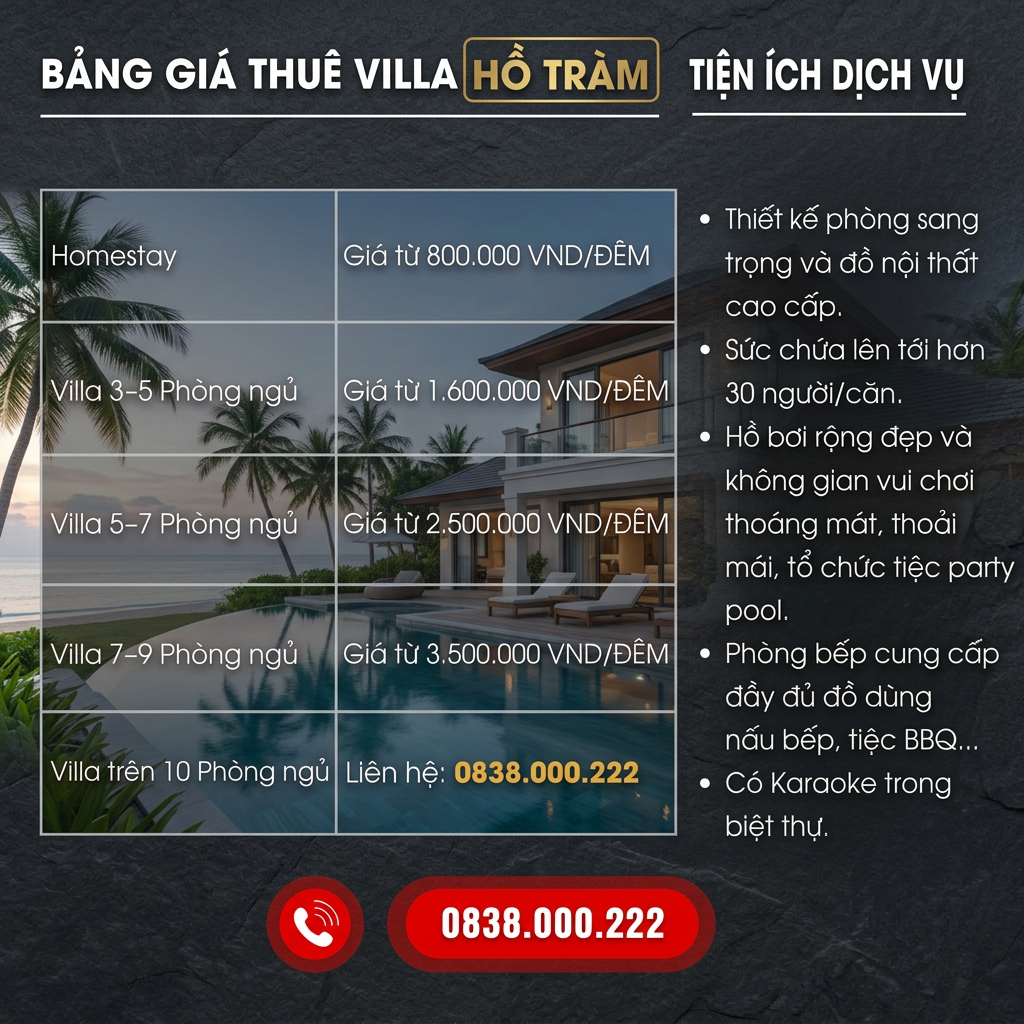 Bảng Giá Thuê Viila Hồ Tràm