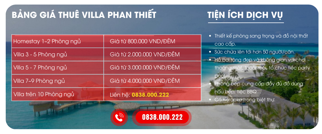 Bảng Giá Thuê Viila Phan Thiết