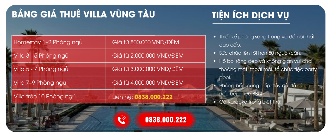 Bảng Giá Thuê Viila Vũng Tàu